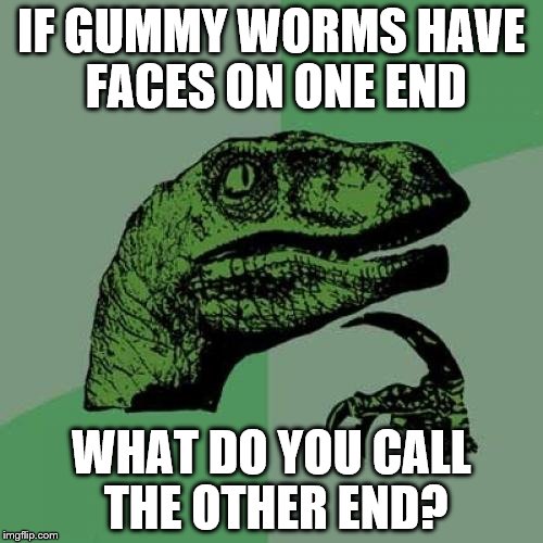Philosoraptor Meme | IF GUMMY WORMS HAVE FACES ON ONE END; WHAT DO YOU CALL THE OTHER END? | image tagged in memes,philosoraptor,inferno390 | made w/ Imgflip meme maker