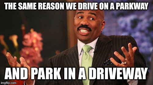 THE SAME REASON WE DRIVE ON A PARKWAY AND PARK IN A DRIVEWAY | image tagged in memes,steve harvey | made w/ Imgflip meme maker
