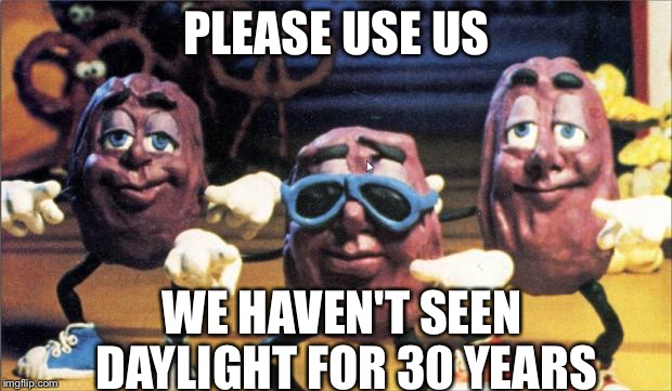 If they were important to you at some point in your life--you are getting old! | PLEASE USE US; WE HAVEN'T SEEN DAYLIGHT FOR 30 YEARS | image tagged in california raisins,memes,what year is it | made w/ Imgflip meme maker