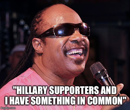 Stevie wonder  | "HILLARY SUPPORTERS AND I HAVE SOMETHING IN COMMON" | image tagged in stevie wonder | made w/ Imgflip meme maker