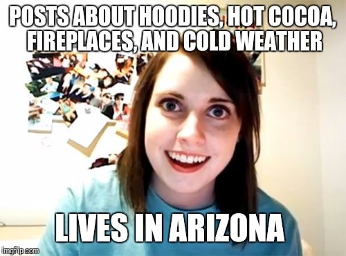 Overly Attached Girlfriend | POSTS ABOUT HOODIES, HOT COCOA, FIREPLACES, AND COLD WEATHER; LIVES IN ARIZONA | image tagged in memes,overly attached girlfriend | made w/ Imgflip meme maker