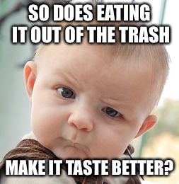 Skeptical Baby Meme | SO DOES EATING IT OUT OF THE TRASH MAKE IT TASTE BETTER? | image tagged in memes,skeptical baby | made w/ Imgflip meme maker