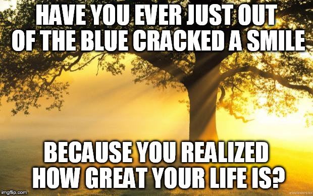 nature | HAVE YOU EVER JUST OUT OF THE BLUE CRACKED A SMILE; BECAUSE YOU REALIZED HOW GREAT YOUR LIFE IS? | image tagged in nature | made w/ Imgflip meme maker