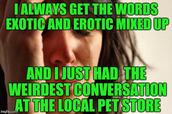 First World Problems Meme | I ALWAYS GET THE WORDS EXOTIC AND EROTIC MIXED UP; AND I JUST HAD 
THE WEIRDEST CONVERSATION AT THE LOCAL PET STORE | image tagged in memes,first world problems | made w/ Imgflip meme maker