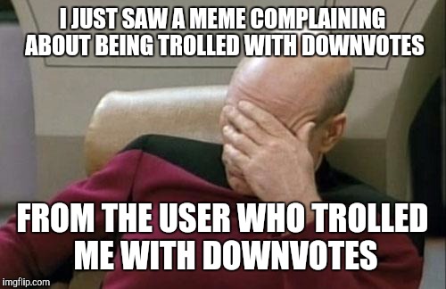 Guess what! No one is trolling you. They DV because you're a jerk! | I JUST SAW A MEME COMPLAINING ABOUT BEING TROLLED WITH DOWNVOTES; FROM THE USER WHO TROLLED ME WITH DOWNVOTES | image tagged in memes,captain picard facepalm | made w/ Imgflip meme maker