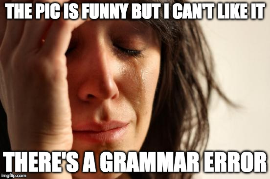 First World Problems Meme | THE PIC IS FUNNY BUT I CAN'T LIKE IT; THERE'S A GRAMMAR ERROR | image tagged in memes,first world problems | made w/ Imgflip meme maker
