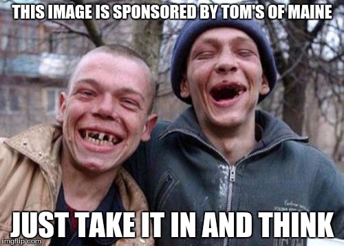 Ugly Twins Meme | THIS IMAGE IS SPONSORED BY TOM'S OF MAINE; JUST TAKE IT IN AND THINK | image tagged in memes,ugly twins | made w/ Imgflip meme maker