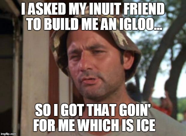 So I Got That Goin For Me Which Is Nice Meme | I ASKED MY INUIT FRIEND TO BUILD ME AN IGLOO... SO I GOT THAT GOIN' FOR ME WHICH IS ICE | image tagged in memes,so i got that goin for me which is nice | made w/ Imgflip meme maker