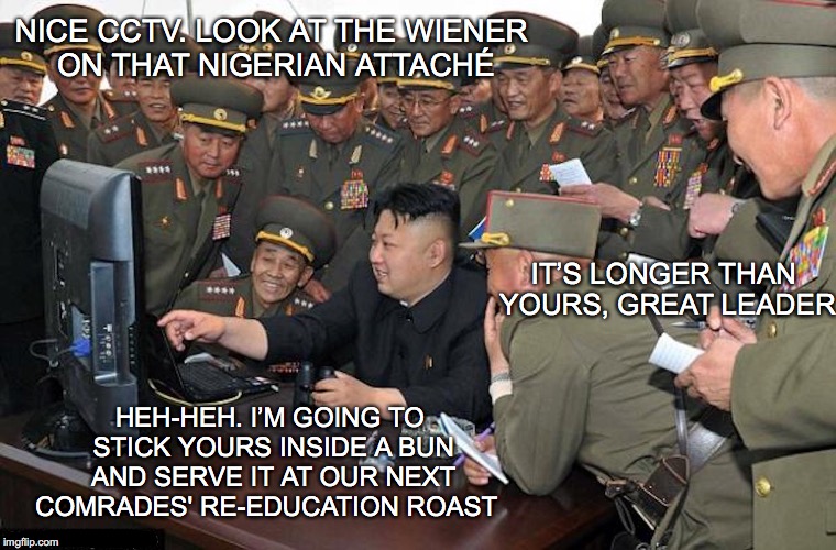 Kim’s CCTV | NICE CCTV. LOOK AT THE WIENER ON THAT NIGERIAN ATTACHÉ; IT’S LONGER THAN YOURS, GREAT LEADER; HEH-HEH. I’M GOING TO STICK YOURS INSIDE A BUN AND SERVE IT AT OUR NEXT COMRADES' RE-EDUCATION ROAST | image tagged in kim jong un computer | made w/ Imgflip meme maker