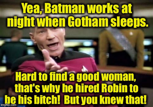 Picard Wtf Meme | Yea, Batman works at night when Gotham sleeps. Hard to find a good woman, that's why he hired Robin to be his b**ch!  But you knew that! | image tagged in memes,picard wtf | made w/ Imgflip meme maker