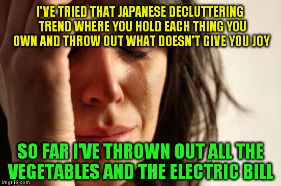 First World Problems | I'VE TRIED THAT JAPANESE DECLUTTERING  TREND WHERE YOU HOLD EACH THING YOU OWN AND THROW OUT WHAT DOESN'T GIVE YOU JOY; SO FAR I'VE THROWN OUT ALL THE VEGETABLES AND THE ELECTRIC BILL | image tagged in memes,first world problems,joy,throw out,japanese trend,funny meme | made w/ Imgflip meme maker