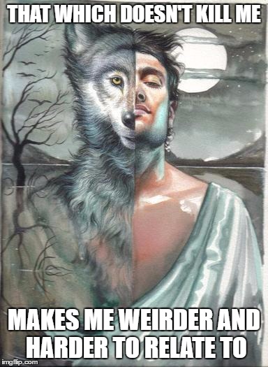 Half man half wolf | THAT WHICH DOESN'T KILL ME; MAKES ME WEIRDER AND HARDER TO RELATE TO | image tagged in half man half wolf,that which doesn't kill me,stranger | made w/ Imgflip meme maker