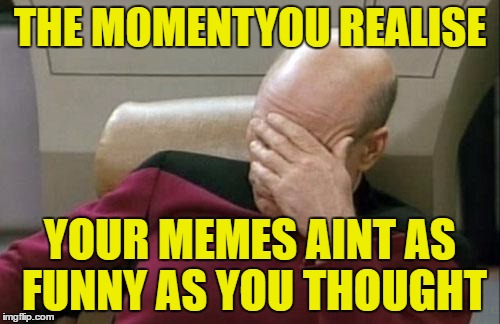 Captain Picard Facepalm Meme | THE MOMENTYOU REALISE; YOUR MEMES AINT AS FUNNY AS YOU THOUGHT | image tagged in memes,captain picard facepalm | made w/ Imgflip meme maker