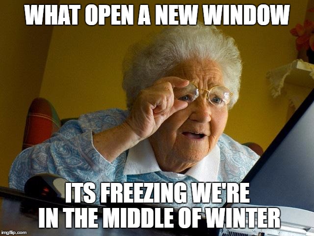Grandma Finds The Internet Meme | WHAT OPEN A NEW WINDOW; ITS FREEZING WE'RE IN THE MIDDLE OF WINTER | image tagged in memes,grandma finds the internet | made w/ Imgflip meme maker