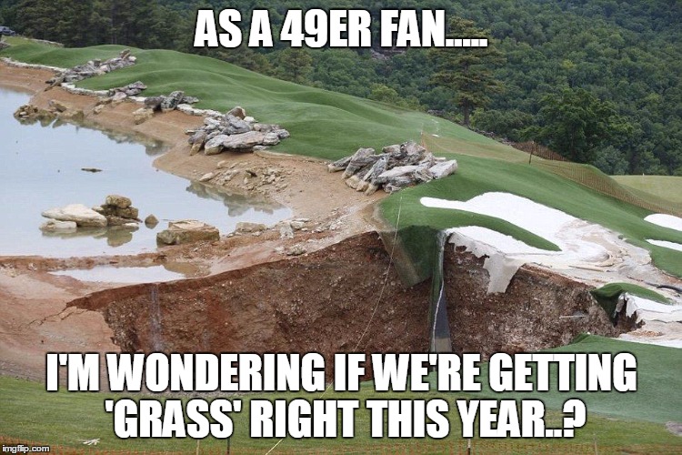 Golf Sinkhole | AS A 49ER FAN..... I'M WONDERING IF WE'RE GETTING 'GRASS' RIGHT THIS YEAR..? | image tagged in golf sinkhole | made w/ Imgflip meme maker