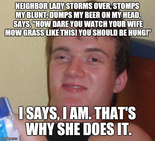 10 Guy | NEIGHBOR LADY STORMS OVER, STOMPS MY BLUNT, DUMPS MY BEER ON MY HEAD, SAYS, "HOW DARE YOU WATCH YOUR WIFE MOW GRASS LIKE THIS! YOU SHOULD BE HUNG!"; I SAYS, I AM. THAT'S WHY SHE DOES IT. | image tagged in memes,10 guy | made w/ Imgflip meme maker