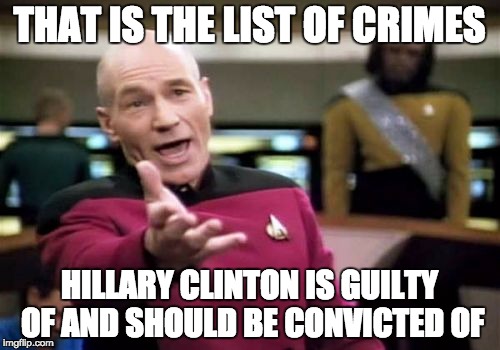 Picard Wtf Meme | THAT IS THE LIST OF CRIMES HILLARY CLINTON IS GUILTY OF AND SHOULD BE CONVICTED OF | image tagged in memes,picard wtf | made w/ Imgflip meme maker