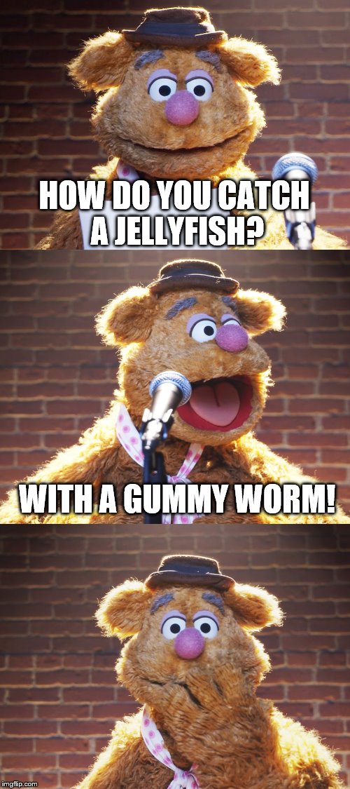 Fozzie Jokes | HOW DO YOU CATCH A JELLYFISH? WITH A GUMMY WORM! | image tagged in fozzie jokes,memes,inferno390 | made w/ Imgflip meme maker