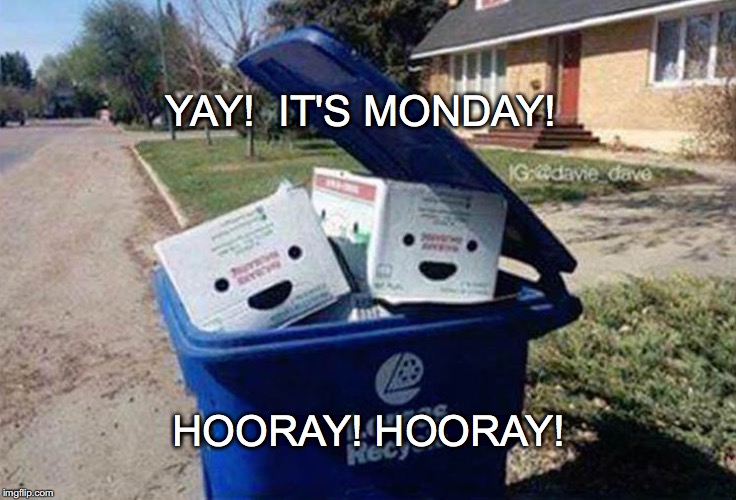 They just keep coming around... | YAY!  IT'S MONDAY! HOORAY! HOORAY! | image tagged in yay it's monday,janey mack meme,flirt,funny,trash can,positive | made w/ Imgflip meme maker