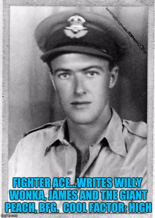 Ronald Dahl | FIGHTER ACE...WRITES WILLY WONKA, JAMES AND THE GIANT PEACH, BFG.  COOL FACTOR: HIGH | image tagged in writer | made w/ Imgflip meme maker