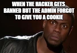 Kevin Hart Meme | WHEN THE HACKER GETS BANNED BUT THE ADMIN FORGOT TO GIVE YOU A COOKIE | image tagged in memes,kevin hart the hell | made w/ Imgflip meme maker