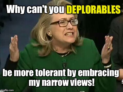 Who's intolerant? | DEPLORABLES; Why can't you DEPLORABLES; be more tolerant by embracing my narrow views! | image tagged in hillary what difference does it make,memes,hillary clinton,deplorable,intolerant | made w/ Imgflip meme maker