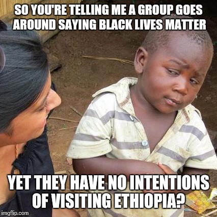 Other motivations? | SO YOU'RE TELLING ME A GROUP GOES AROUND SAYING BLACK LIVES MATTER; YET THEY HAVE NO INTENTIONS OF VISITING ETHIOPIA? | image tagged in memes,third world skeptical kid | made w/ Imgflip meme maker