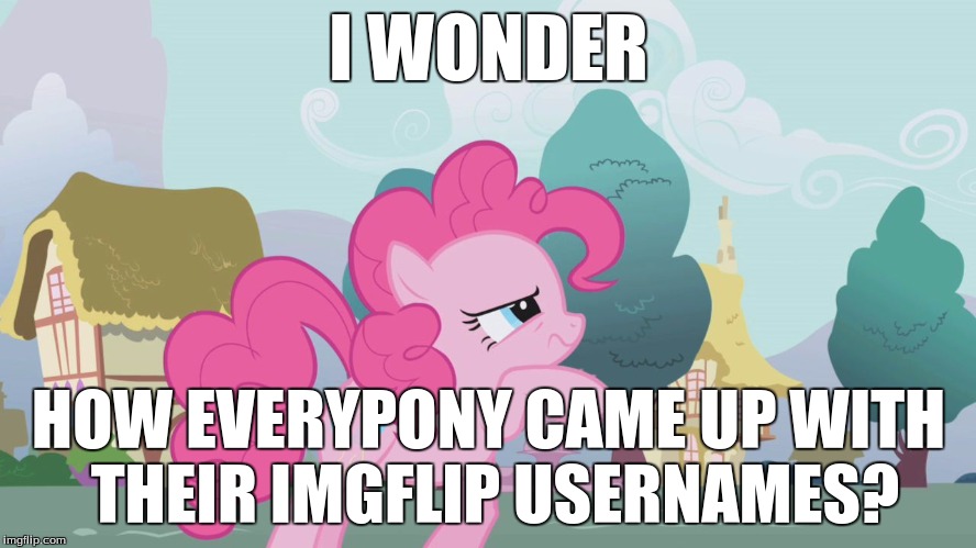 Hard thinking Pinkie | I WONDER; HOW EVERYPONY CAME UP WITH THEIR IMGFLIP USERNAMES? | image tagged in hard thinking pinkie | made w/ Imgflip meme maker
