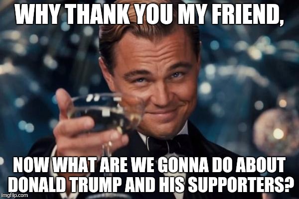 Leonardo Dicaprio Cheers Meme | WHY THANK YOU MY FRIEND, NOW WHAT ARE WE GONNA DO ABOUT DONALD TRUMP AND HIS SUPPORTERS? | image tagged in memes,leonardo dicaprio cheers | made w/ Imgflip meme maker
