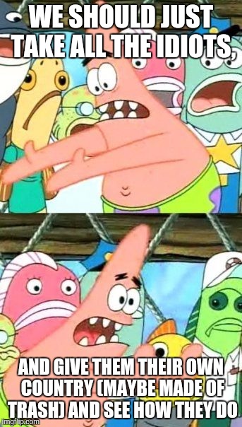 Put It Somewhere Else Patrick Meme | WE SHOULD JUST TAKE ALL THE IDIOTS, AND GIVE THEM THEIR OWN COUNTRY (MAYBE MADE OF TRASH) AND SEE HOW THEY DO | image tagged in memes,put it somewhere else patrick | made w/ Imgflip meme maker