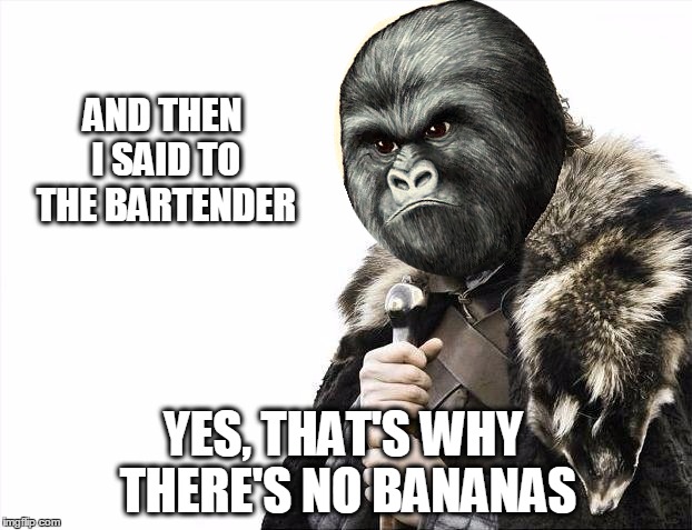 AND THEN I SAID TO THE BARTENDER YES, THAT'S WHY THERE'S NO BANANAS | image tagged in harambe,joke,bananas,planet of the apes | made w/ Imgflip meme maker