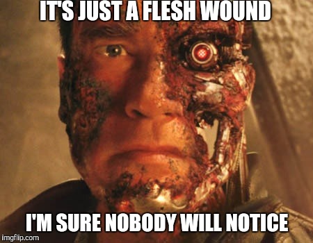 Terminator face | IT'S JUST A FLESH WOUND; I'M SURE NOBODY WILL NOTICE | image tagged in terminator face | made w/ Imgflip meme maker