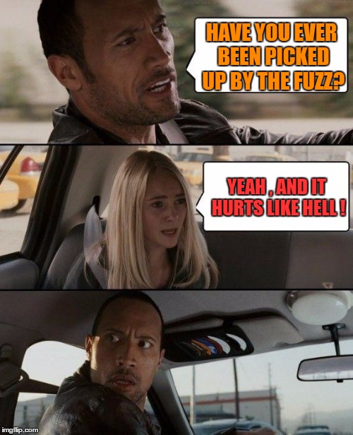 The Rock Driving Meme | HAVE YOU EVER BEEN PICKED UP BY THE FUZZ? YEAH , AND IT HURTS LIKE HELL ! | image tagged in memes,the rock driving | made w/ Imgflip meme maker