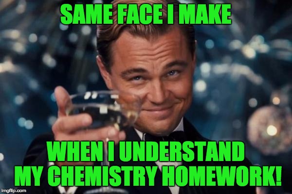 Leonardo Dicaprio Cheers Meme | SAME FACE I MAKE WHEN I UNDERSTAND MY CHEMISTRY HOMEWORK! | image tagged in memes,leonardo dicaprio cheers | made w/ Imgflip meme maker