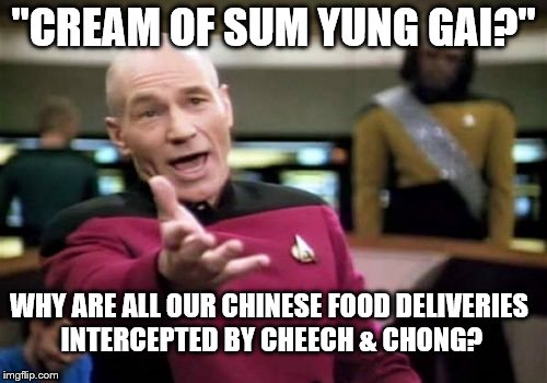 Picard Wtf | "CREAM OF SUM YUNG GAI?"; WHY ARE ALL OUR CHINESE FOOD DELIVERIES INTERCEPTED BY CHEECH & CHONG? | image tagged in memes,picard wtf | made w/ Imgflip meme maker