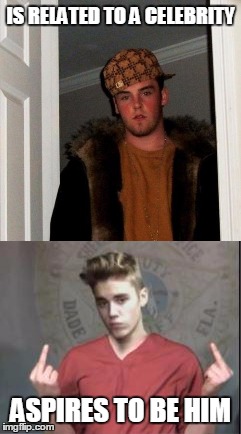 Bad Luck Scumbag Steve | IS RELATED TO A CELEBRITY; ASPIRES TO BE HIM | image tagged in scumbag steve,funny,meme,justin bieber | made w/ Imgflip meme maker