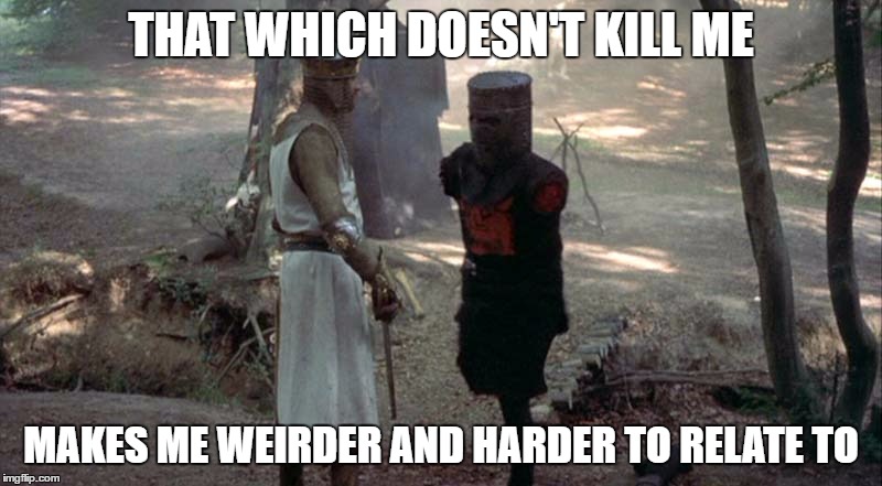 Black Knight | THAT WHICH DOESN'T KILL ME; MAKES ME WEIRDER AND HARDER TO RELATE TO | image tagged in black knight,monty python,that which doesn't kill me,tis but a scratch | made w/ Imgflip meme maker