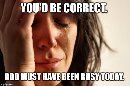 First World Problems Meme | YOU'D BE CORRECT. GOD MUST HAVE BEEN BUSY TODAY. | image tagged in memes,first world problems | made w/ Imgflip meme maker