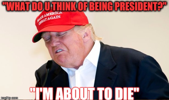 "WHAT DO U THINK OF BEING PRESIDENT?"; "I'M ABOUT TO DIE" | image tagged in trump meme | made w/ Imgflip meme maker