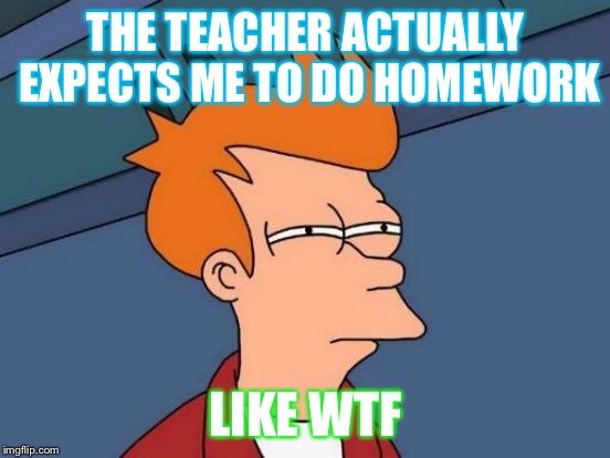 Futurama Fry Meme | THE TEACHER ACTUALLY EXPECTS ME TO DO HOMEWORK; LIKE WTF | image tagged in memes,futurama fry | made w/ Imgflip meme maker