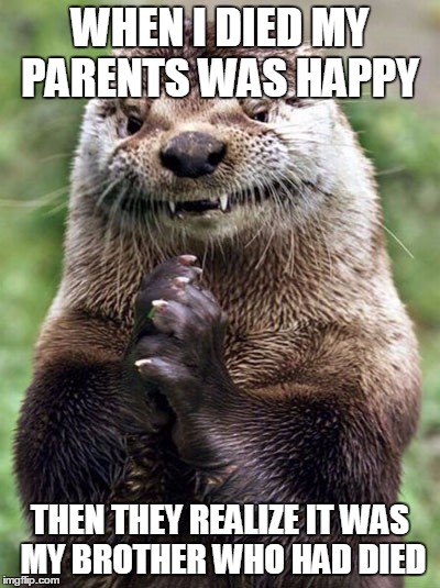 Evil Otter | WHEN I DIED MY PARENTS WAS HAPPY; THEN THEY REALIZE IT WAS MY BROTHER WHO HAD DIED | image tagged in memes,evil otter | made w/ Imgflip meme maker