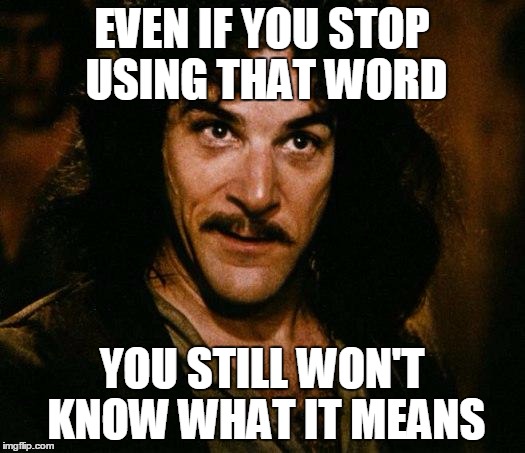 Inigo Montoya | EVEN IF YOU STOP USING THAT WORD; YOU STILL WON'T KNOW WHAT IT MEANS | image tagged in memes,inigo montoya | made w/ Imgflip meme maker