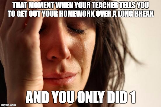 First World Problems Meme | THAT MOMENT WHEN YOUR TEACHER TELLS YOU TO GET OUT YOUR HOMEWORK OVER A LONG BREAK; AND YOU ONLY DID 1 | image tagged in memes,first world problems | made w/ Imgflip meme maker