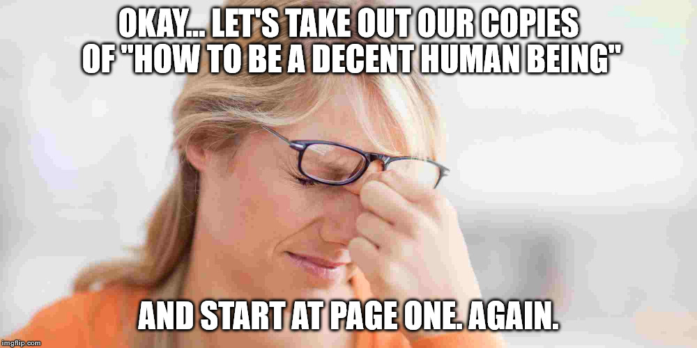 Decent Human Being | OKAY... LET'S TAKE OUT OUR COPIES OF "HOW TO BE A DECENT HUMAN BEING"; AND START AT PAGE ONE. AGAIN. | image tagged in memes,funny,decent,human being | made w/ Imgflip meme maker