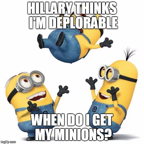 WHere ARE MY MINIONS, HILLARY? | HILLARY THINKS I'M DEPLORABLE; WHEN DO I GET MY MINIONS? | image tagged in minons_large,deplorable me,basket of deplorables,election 2016 | made w/ Imgflip meme maker