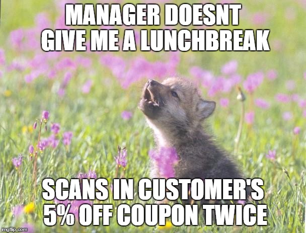 Baby Insanity Wolf Meme | MANAGER DOESNT GIVE ME A LUNCHBREAK; SCANS IN CUSTOMER'S 5% OFF COUPON TWICE | image tagged in memes,baby insanity wolf,AdviceAnimals | made w/ Imgflip meme maker