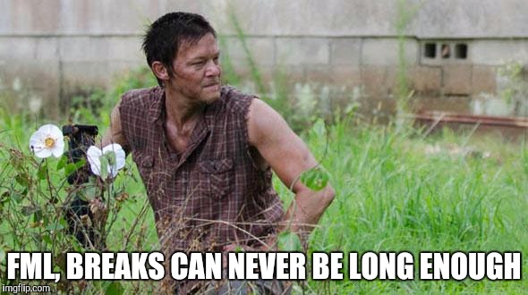 twd flowers | FML, BREAKS CAN NEVER BE LONG ENOUGH | image tagged in twd flowers | made w/ Imgflip meme maker