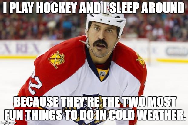 hockey huh? | I PLAY HOCKEY AND I SLEEP AROUND; BECAUSE THEY'RE THE TWO MOST FUN THINGS TO DO IN COLD WEATHER. | image tagged in hockey huh | made w/ Imgflip meme maker