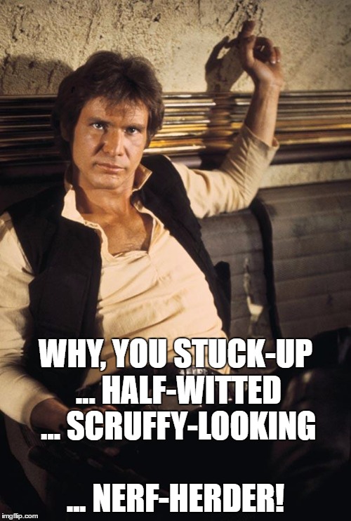 Han Solo | WHY, YOU STUCK-UP ... HALF-WITTED ... SCRUFFY-LOOKING ... NERF-HERDER! | image tagged in memes,han solo | made w/ Imgflip meme maker