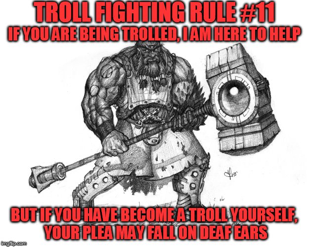 Troll Fighting Rule #11 | TROLL FIGHTING RULE #11; IF YOU ARE BEING TROLLED, I AM HERE TO HELP; BUT IF YOU HAVE BECOME A TROLL YOURSELF, YOUR PLEA MAY FALL ON DEAF EARS | image tagged in troll smasher | made w/ Imgflip meme maker